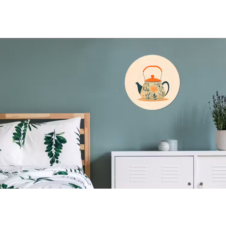 Oranje - Theepot - Bloemen - Bladeren Wandcirkel aluminium klein -slaapkamer