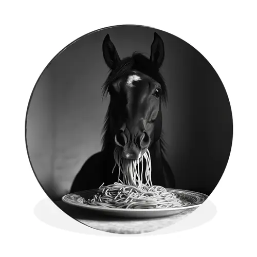 Paard - Bord - Pasta - Tafelkleed - Zwart Wit - Dieren Wandcirkel aluminium klein -3d