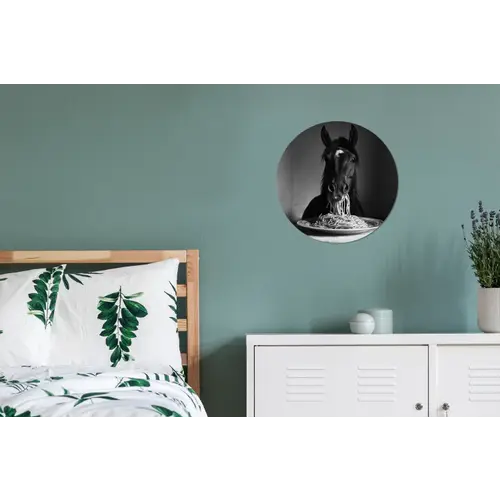 Paard - Bord - Pasta - Tafelkleed - Zwart Wit - Dieren Wandcirkel aluminium klein -slaapkamer