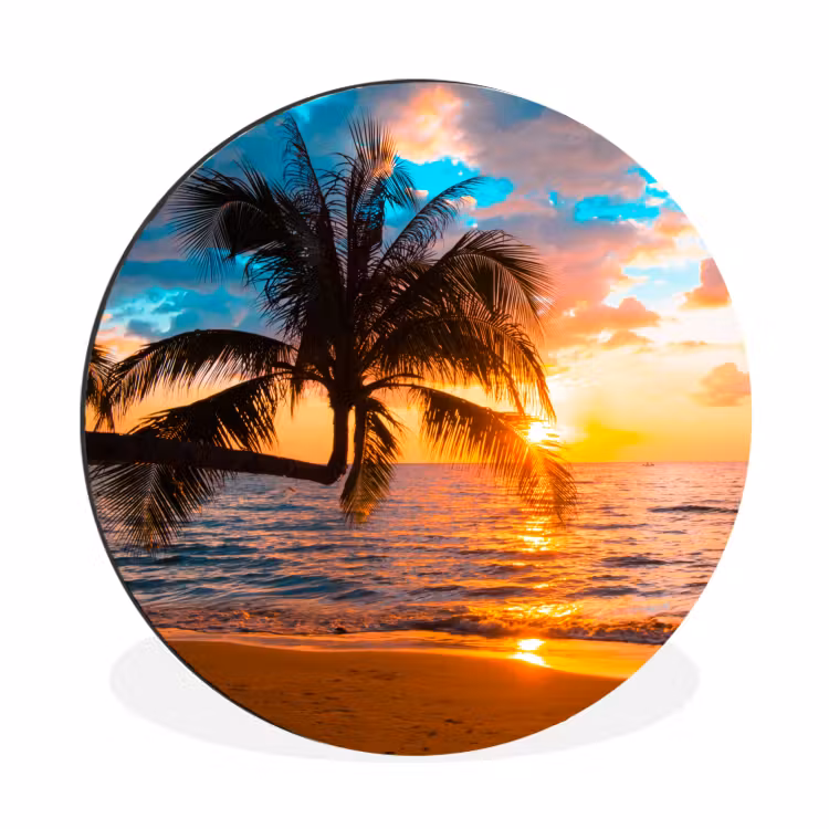 Palm - Zonsondergang - Horizon - Strand - Zee Wandcirkel aluminium klein -3d