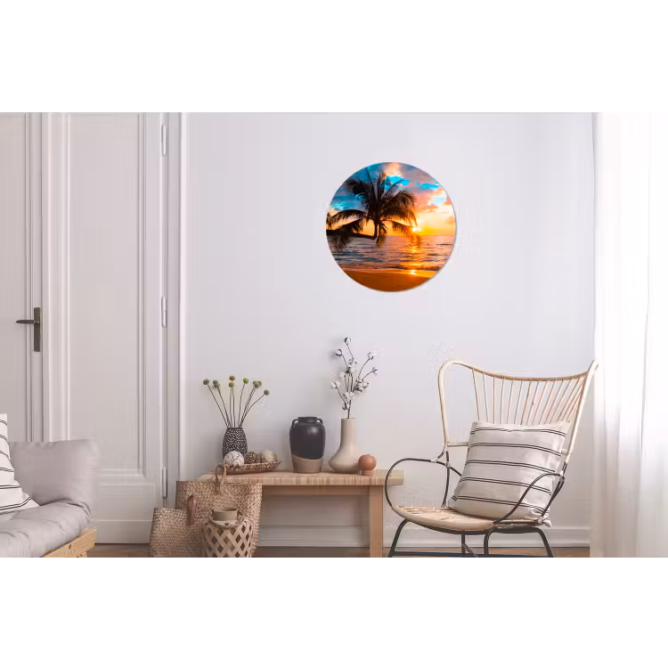 Palm - Zonsondergang - Horizon - Strand - Zee Wandcirkel aluminium klein -woonkamer