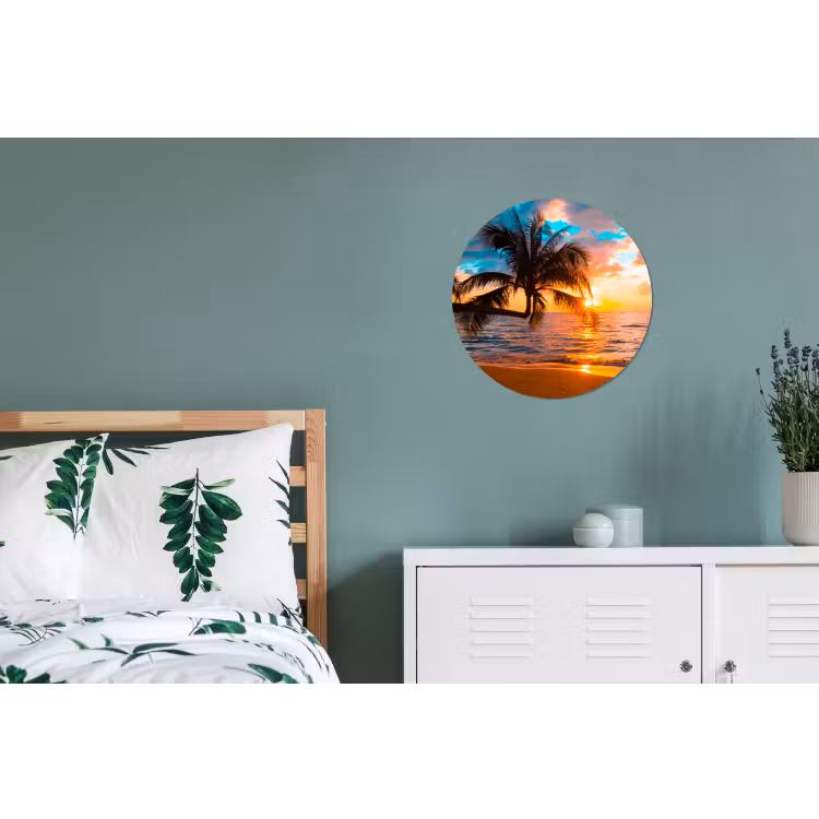Palm - Zonsondergang - Horizon - Strand - Zee Wandcirkel aluminium klein -slaapkamer