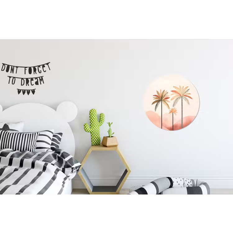 Palmbomen - Heuvels - Minimalistisch - Zachtroze Wandcirkel aluminium klein -kinderkamer