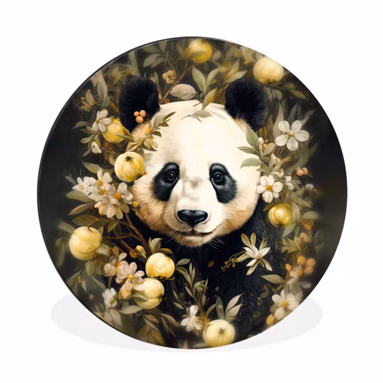 Panda - Pandabeer - Wilde dieren - Natuur - Bloemen Wandcirkel aluminium klein -3d