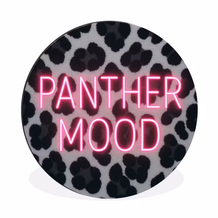 Panterprint - Zwart - Neonletters - Roze Wandcirkel aluminium klein -3d
