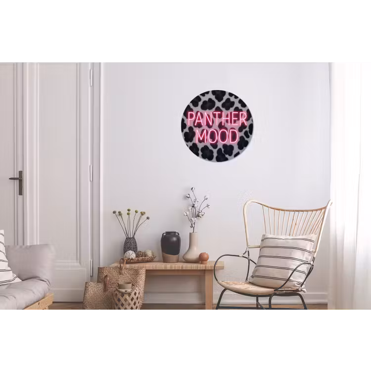 Panterprint - Zwart - Neonletters - Roze Wandcirkel aluminium klein -woonkamer