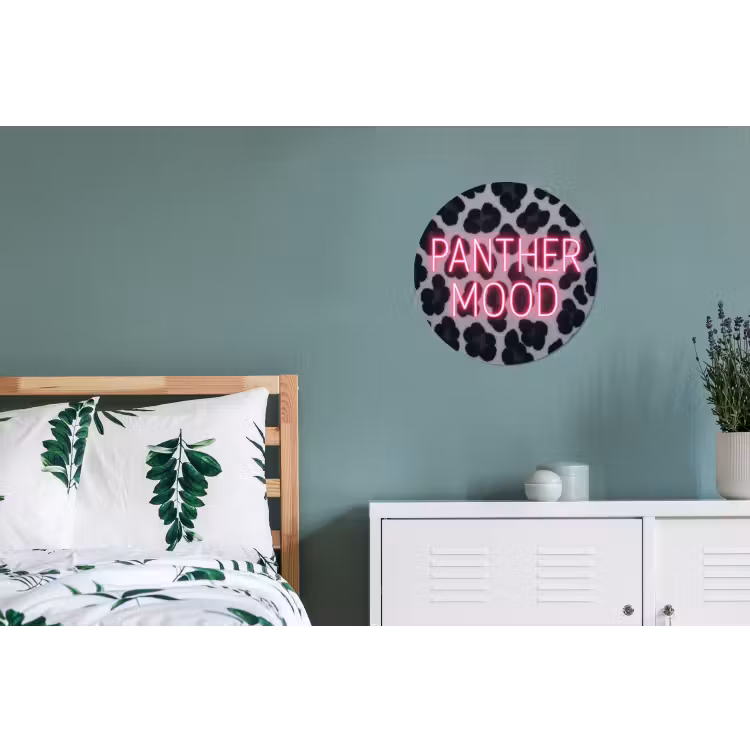 Panterprint - Zwart - Neonletters - Roze Wandcirkel aluminium klein -slaapkamer