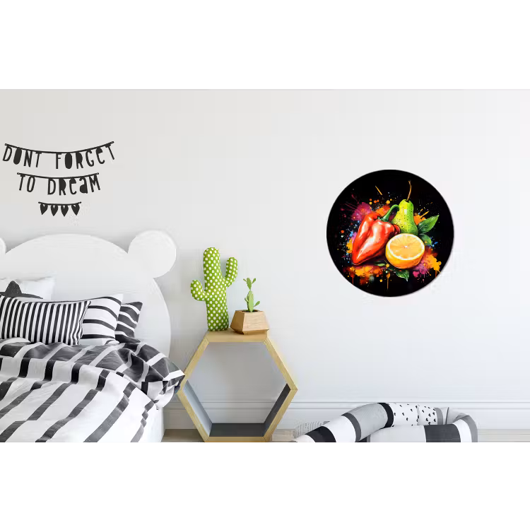 Paprika - Peer - Citroen - Graffiti - Verf - Abstract Wandcirkel aluminium klein -kinderkamer