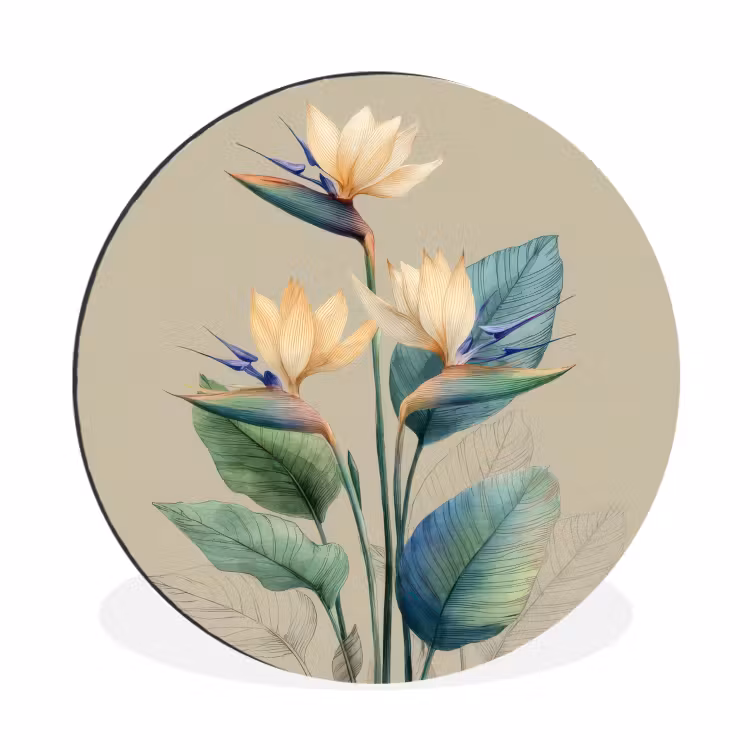 Paradijsvogelbloemen - Blauwgroene bladeren - Beige Wandcirkel aluminium klein -3d