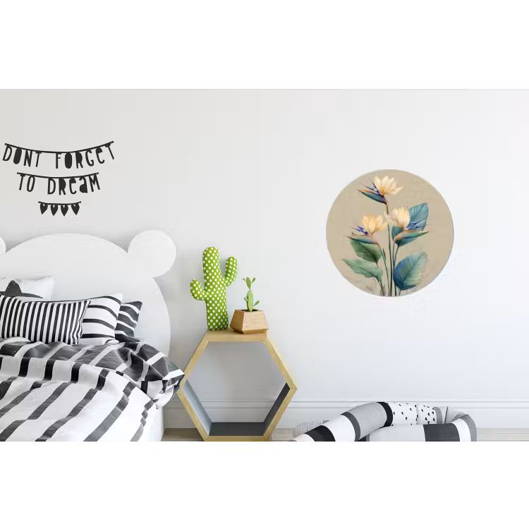 Paradijsvogelbloemen - Blauwgroene bladeren - Beige Wandcirkel aluminium klein -kinderkamer