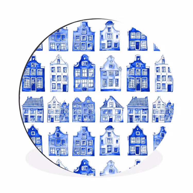 Patroon - Huizen - Blauw Wandcirkel aluminium klein 190 -3d