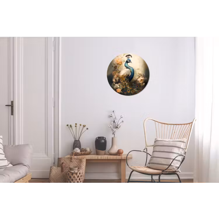 Pauw - Pauwenveren - Bloemen - Vogels - Botanisch Wandcirkel aluminium klein -woonkamer