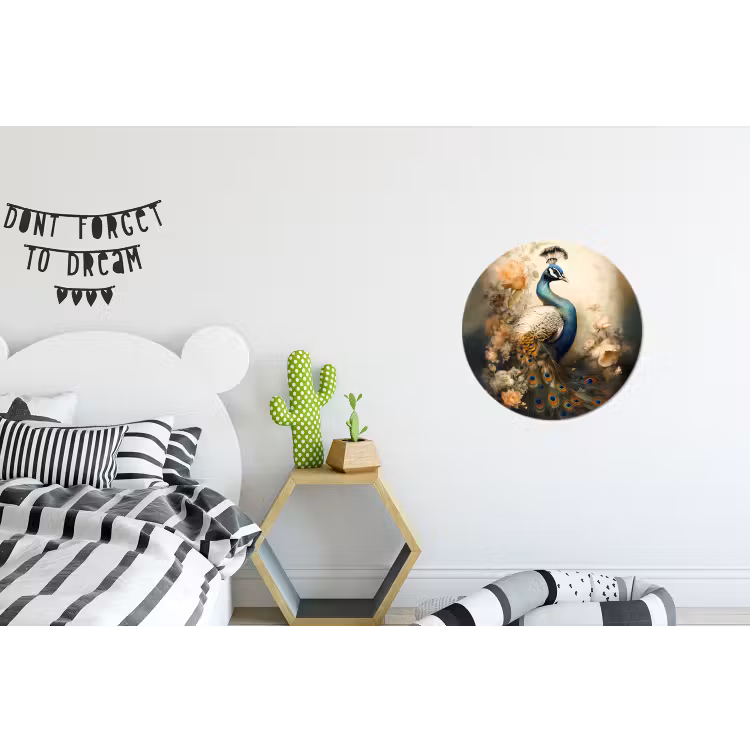 Pauw - Pauwenveren - Bloemen - Vogels - Botanisch Wandcirkel aluminium klein -kinderkamer