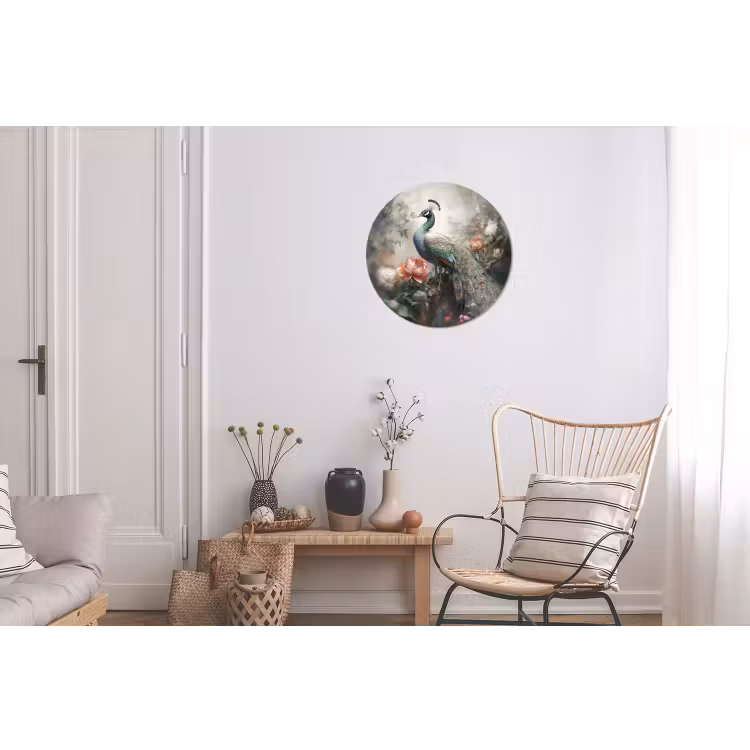 Pauw - Pauwenveren - Vogel - Jungle - Bloemen Wandcirkel aluminium klein -woonkamer