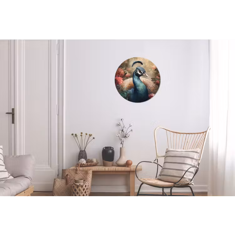 Pauw - Vogel - Bloemen - Planten - Pauwenveren Wandcirkel aluminium klein -woonkamer