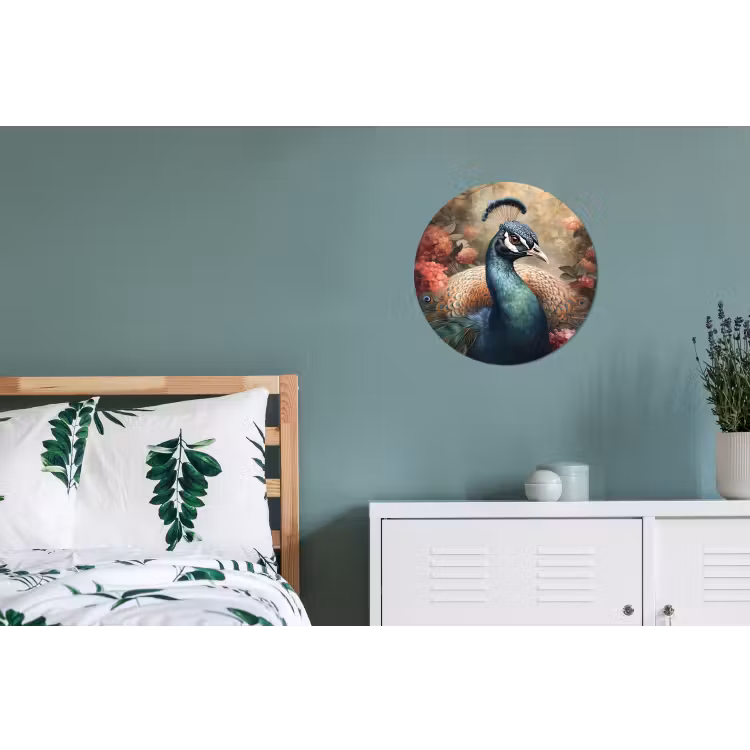 Pauw - Vogel - Bloemen - Planten - Pauwenveren Wandcirkel aluminium klein -slaapkamer