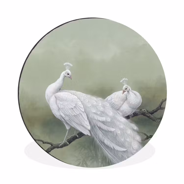 Pauwen - Wit - Natuur - Groen Wandcirkel aluminium klein -3d