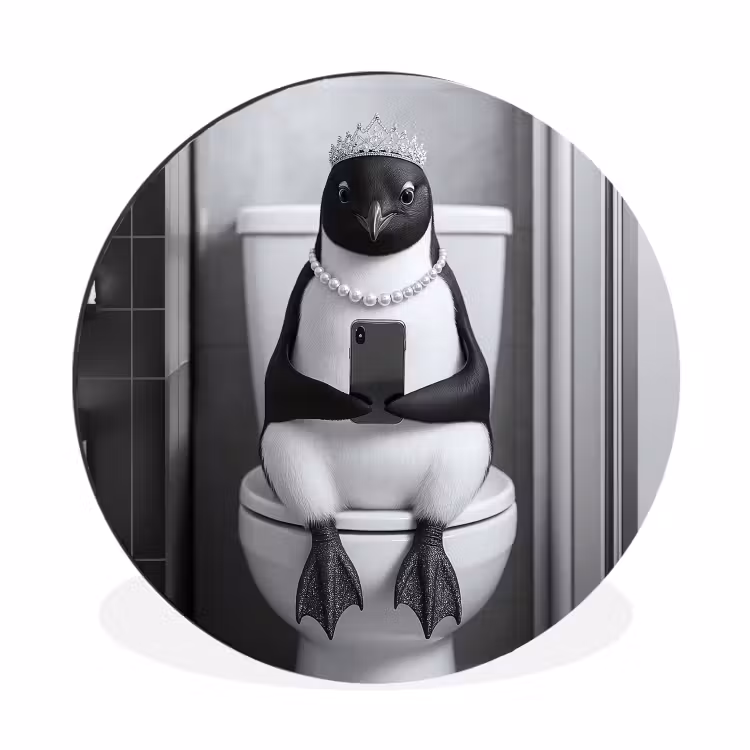 Pinguïn - Telefoon - Toilet - Zwart - Wit Wandcirkel aluminium klein -3d