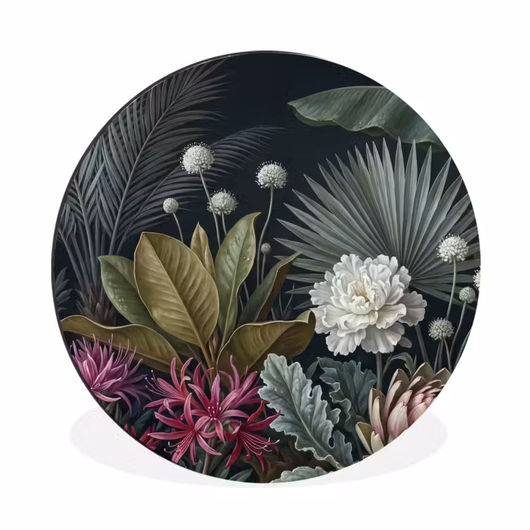 Planten - Tropisch - Botanisch - Donker - Groen Wandcirkel aluminium klein -3d