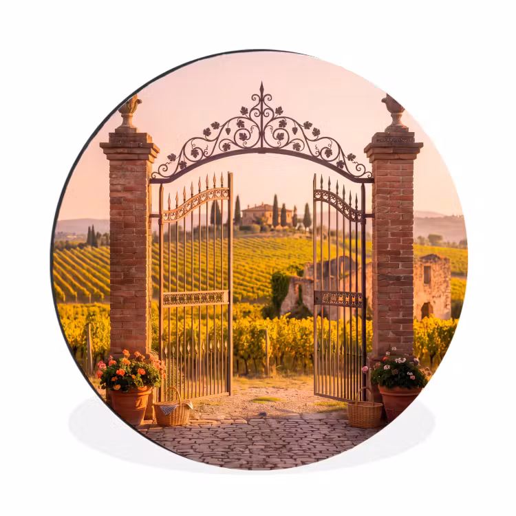 Poort - Landschap - Platteland - Zonlicht - Warm Wandcirkel aluminium klein -3d