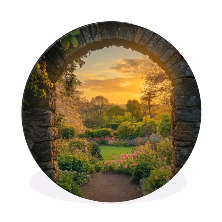 Poort - Planten - Zonsondergang Wandcirkel aluminium klein -3d