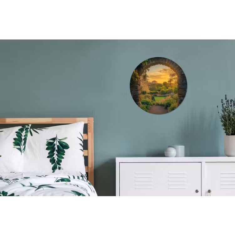 Poort - Planten - Zonsondergang Wandcirkel aluminium klein -slaapkamer