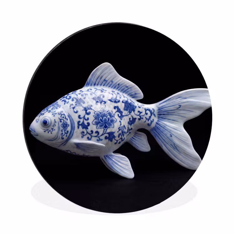 Porselein - Goudvis - Delfts - Blauw Wandcirkel aluminium klein -3d
