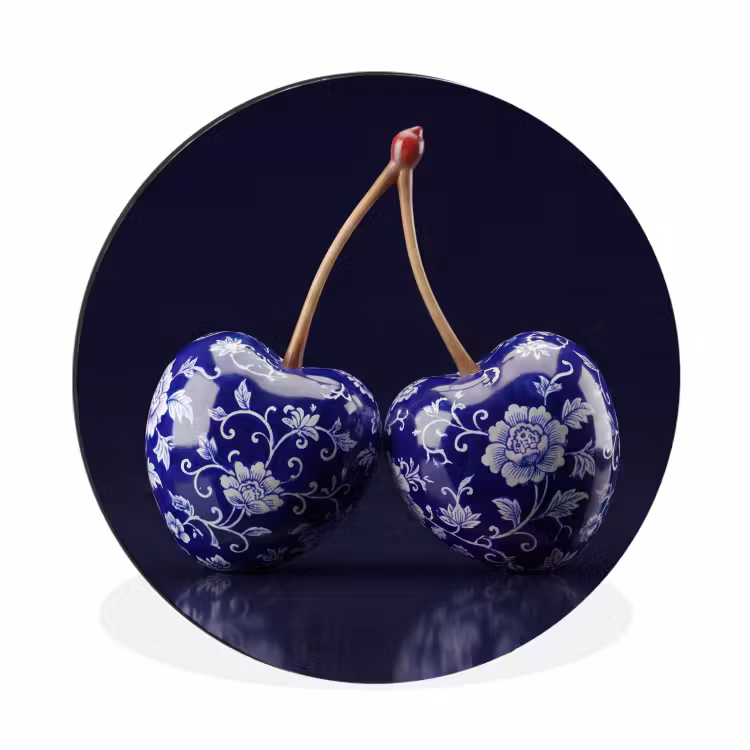 Porselein- Kersen - Delfts - Blauw Wandcirkel aluminium klein -3d