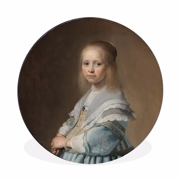 Portret van een meisje in het blauw - Schilderij van Johannes Cornelisz. Verspronck Wandcirkel aluminium klein -3d