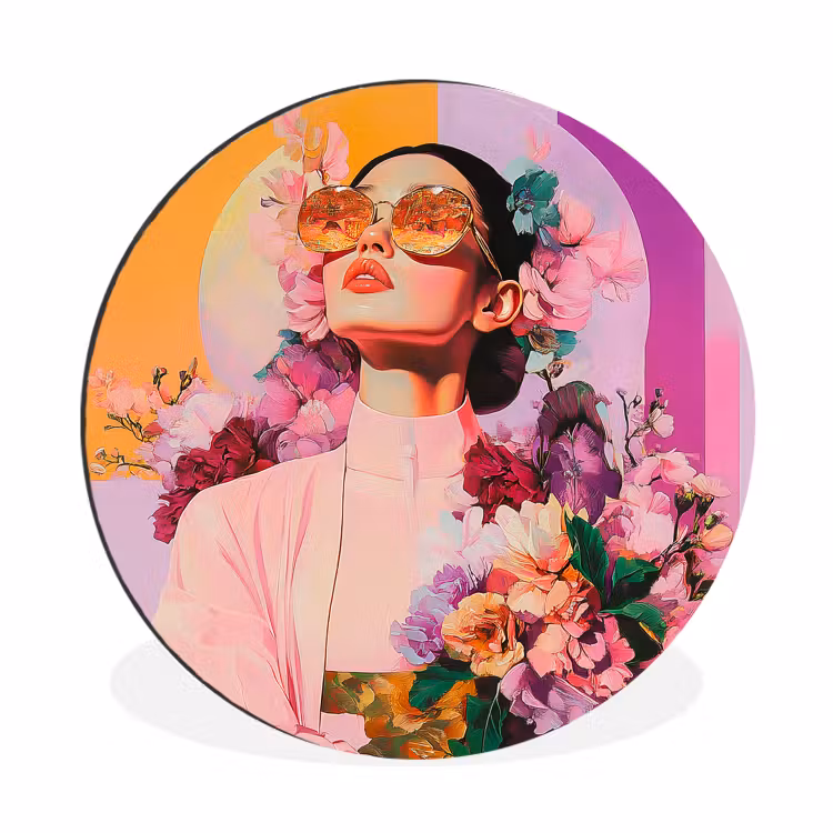 Portret - Vrouw - Abstract - Bloemen Wandcirkel aluminium klein -3d