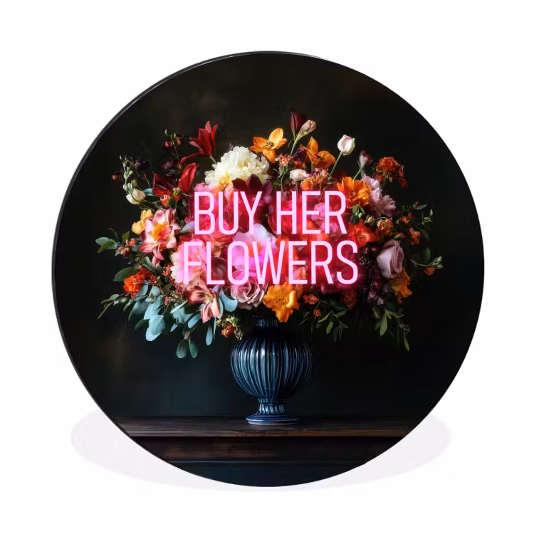 Quote - Bloemen - Vaas - Neon Wandcirkel aluminium klein -3d