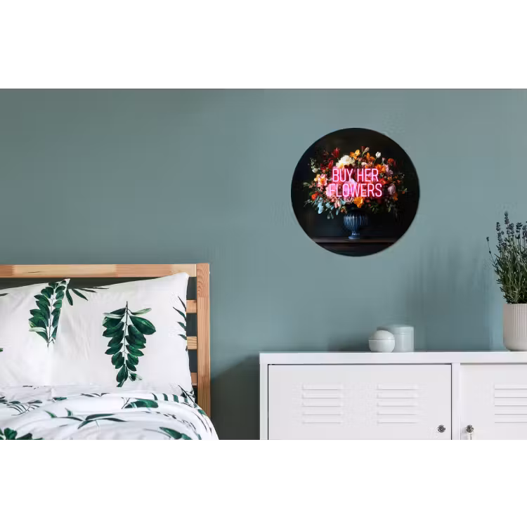 Quote - Bloemen - Vaas - Neon Wandcirkel aluminium klein -slaapkamer