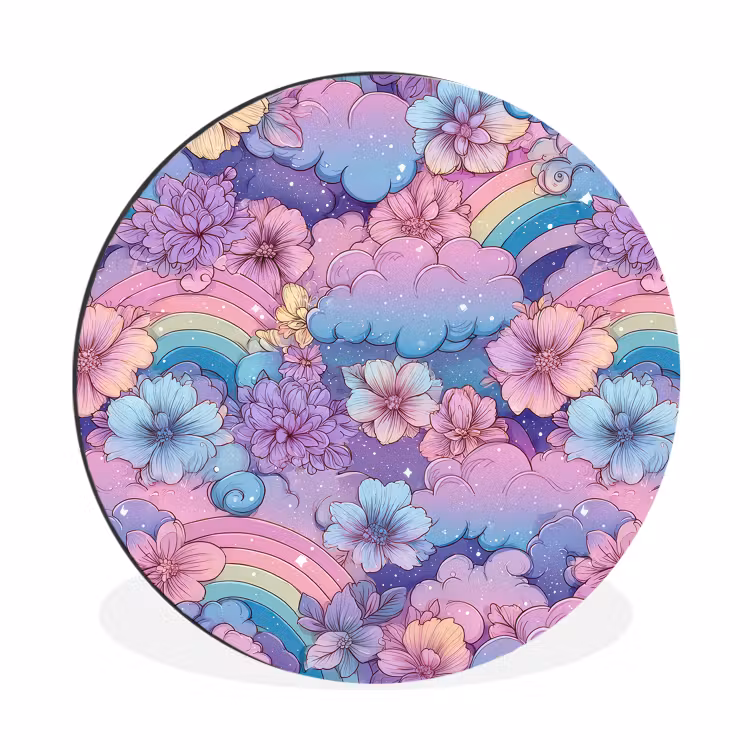 Regenbogen - Bloemen - Kleurrijk - Wolken Wandcirkel aluminium klein -3d
