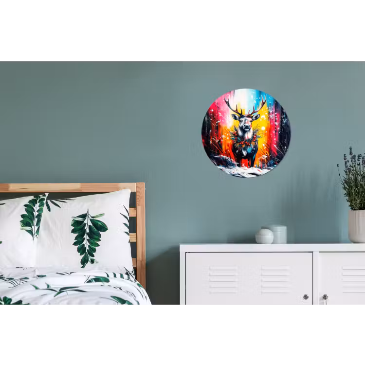 Rendier - Gewei - Krans - Kleurrijk Wandcirkel aluminium klein -slaapkamer