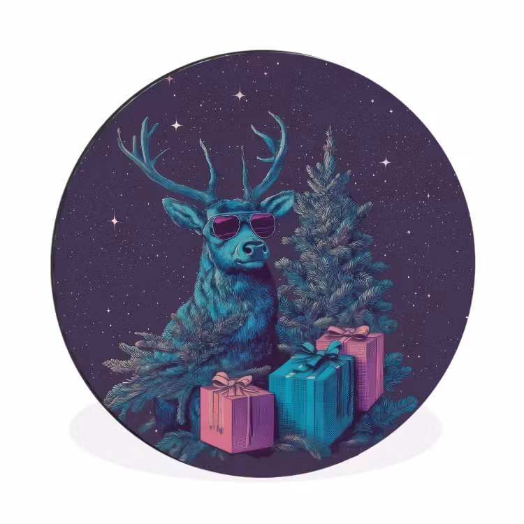 Rendier - Zonnebril - Neon - Kerstboom Wandcirkel aluminium klein -3d