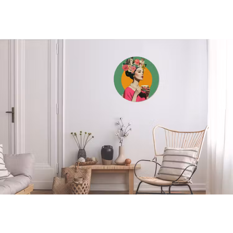 Retro - Vrouw - Stad - Zon Wandcirkel aluminium klein -woonkamer