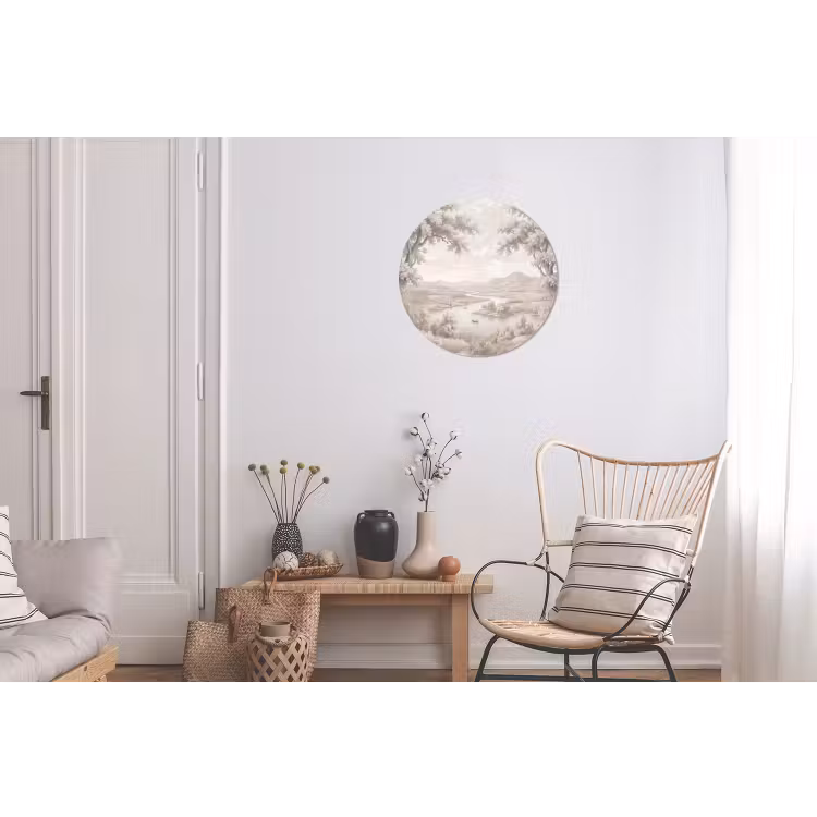 Rivierlandschap - Bergen - Natuur - Vintage - Beige Wandcirkel aluminium klein -woonkamer