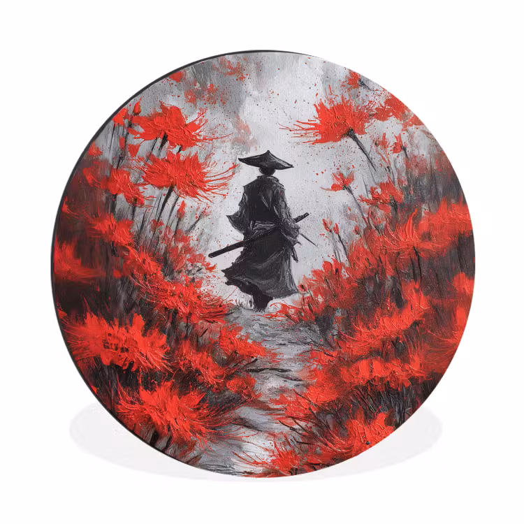 Rode bloemen - mistig - Man Wandcirkel aluminium klein -3d