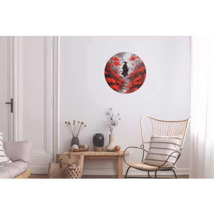 Rode bloemen - mistig - Man Wandcirkel aluminium klein -woonkamer