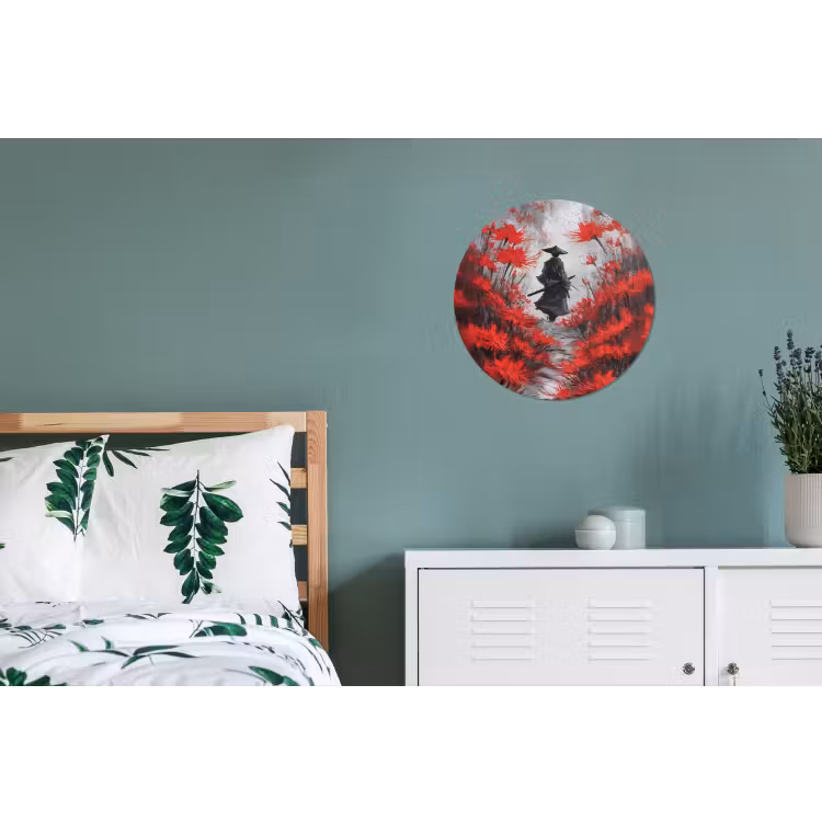 Rode bloemen - mistig - Man Wandcirkel aluminium klein -slaapkamer