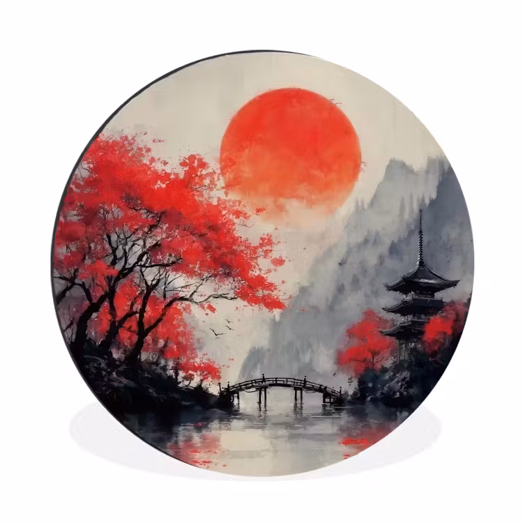 Rode zon - Rivier - brug - Bomen Wandcirkel aluminium klein -3d