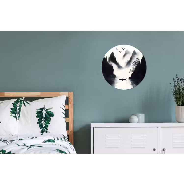 Roeiboot - Mistig - Bergen - Vogels Wandcirkel aluminium klein -slaapkamer