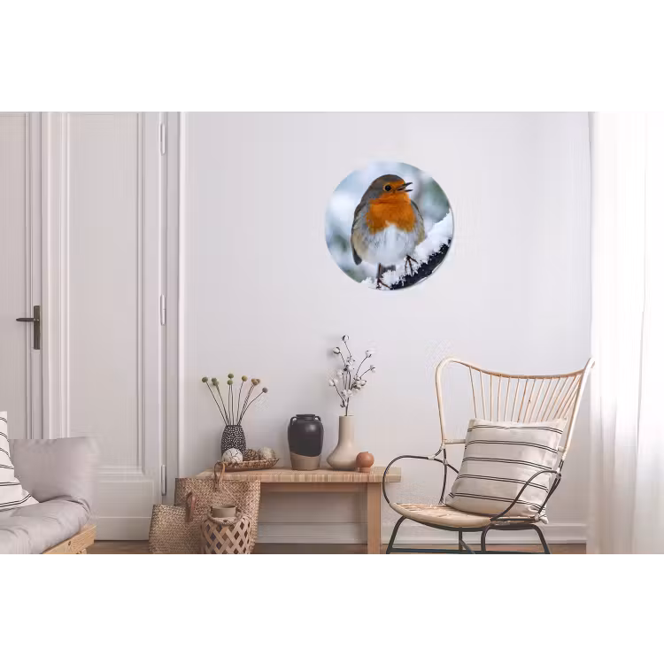 Roodborstje - Tak - Sneeuw - Winter - Levendig Wandcirkel aluminium klein -woonkamer