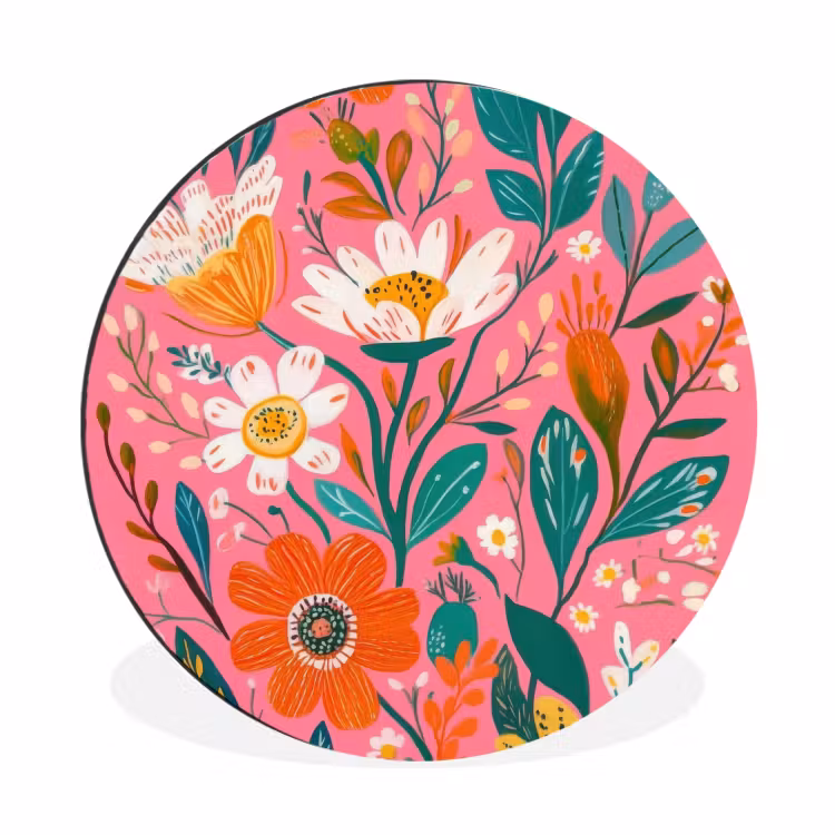 Roze - Bloemen - Wit - Oranje Wandcirkel aluminium klein -3d