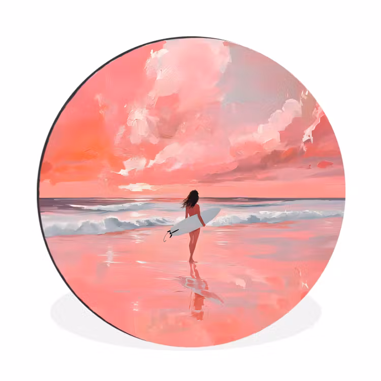 Roze - Surfen - Zee Wandcirkel aluminium klein -3d