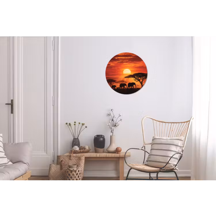 Savanne - Olifanten - Zonsondergang Wandcirkel aluminium klein -woonkamer