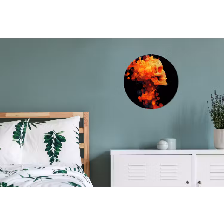 Schedel - Oranje - Zijaanzicht - Vlammen Wandcirkel aluminium klein -slaapkamer
