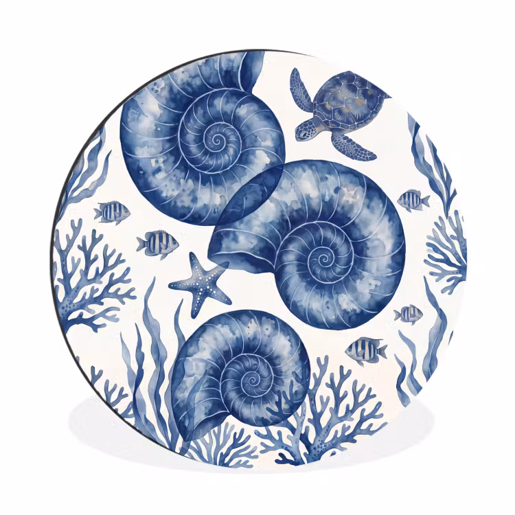 Schelp - Spiraal - Zeeleven - Aquarel - Blauw Wandcirkel aluminium klein -3d