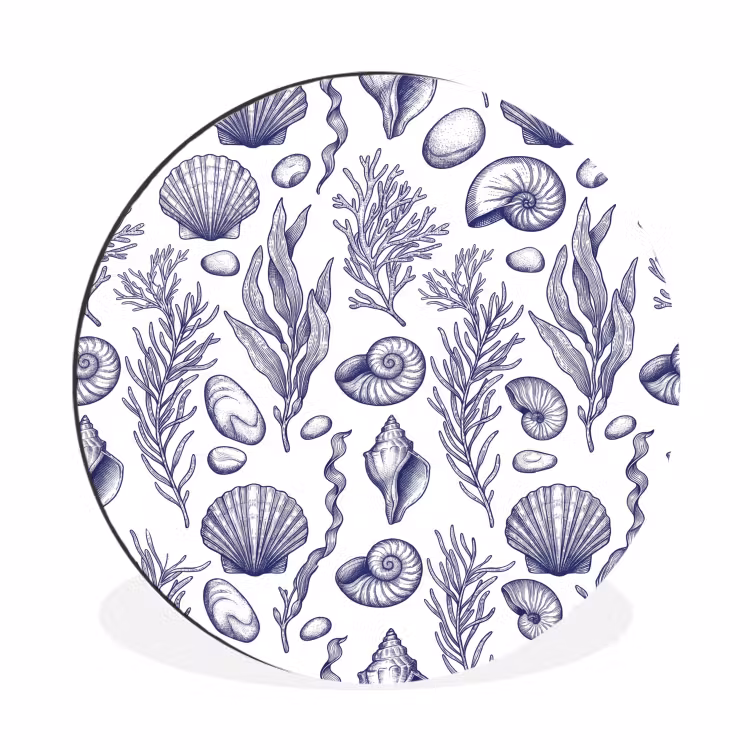 Schelpen - Zeewier - Oceaan - Illustratie - Blauw Wandcirkel aluminium klein -3d