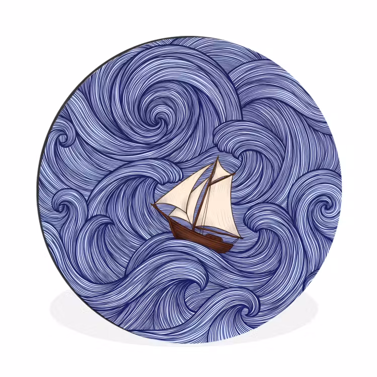 Schip - Golven - Zee - Illustratie - Blauw Wandcirkel aluminium klein -3d